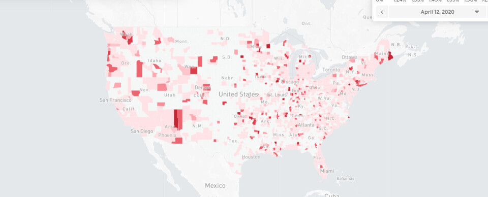 NYTT KART: På Facebooks nye korona-kart skal man kunne se hvor mange som har symptomer på koronaviruset. I første omgang viser kartet kun oversikt over USA. (Skjermdump: Facebook)