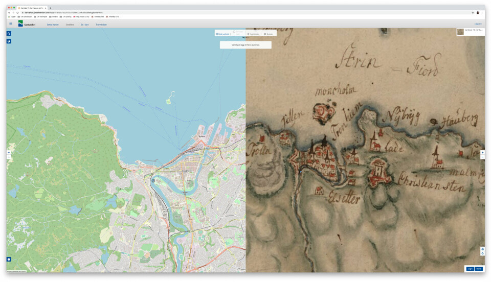NYTT OG GAMMELT: Her er et kartutsnitt med Trondheim på kartet. Vi har plassert ett fellespunkt, ytterst på Øya der Nivelven bukter seg. Vanligvis trenges det 5-6 punkter før kartet er ferdig. (Ill: skjermdump)