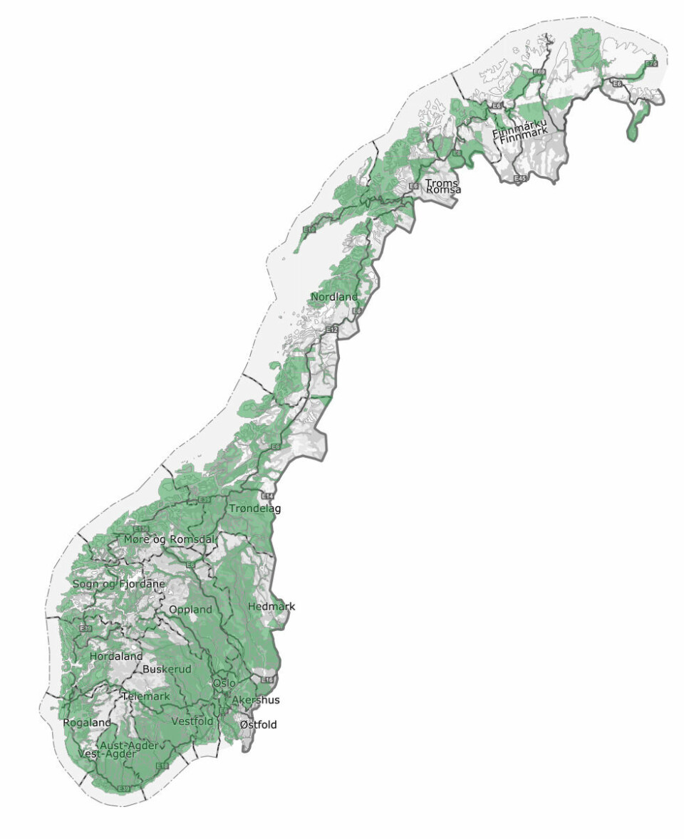 DEKNINGEN: Dette kartet viser hvor langt jobben har kommet nå, der de grønne områdene er tilgjengelig med presise høydedata. (Illustrasjon: skjermbilde fra Hoydedata.no)