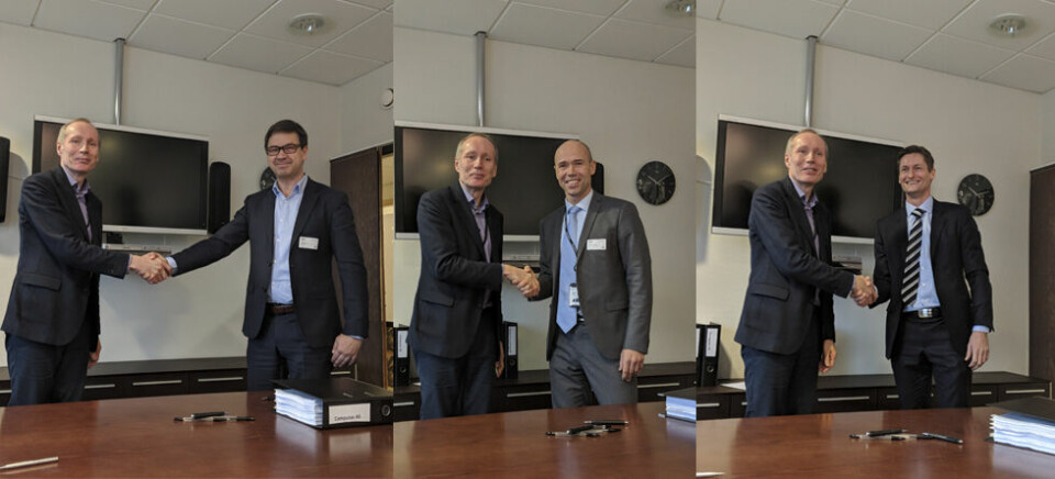 AVTALER: Travel dag på jobben for UDI-direktør Frode Forfang, som signerte avtaler med Trond Eilertsen i Computas (det venstre bildet), Alf G. Johannessen i SopraSteria (det midterste bildet) og Vidar Evensen i Visma Consulting (bildet til høyre). (Foto: UDI)