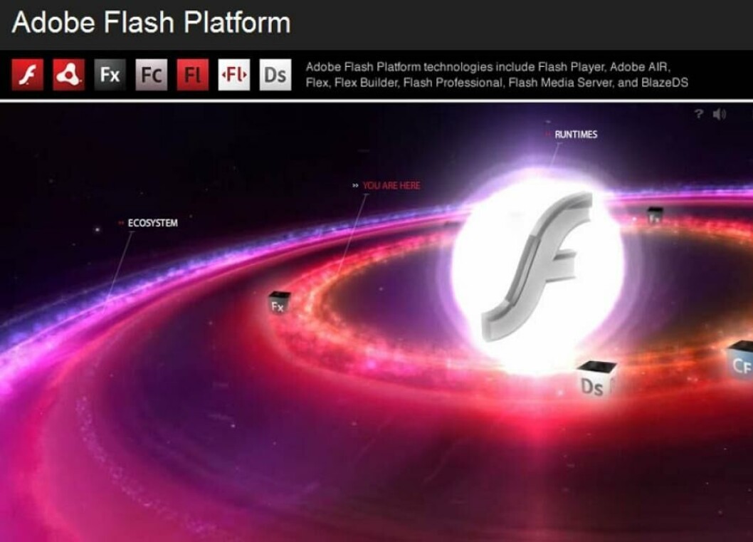 OVER OG UT? Flash kan ha sett sine siste dager etter stadig flere teknologi-selskaper og -personligheter dropper den utbredte og utsatte plattformen til fordel for åpne standarder med HTML5. (Illustrasjon: Adobe) OVER OG UT? Flash kan ha sett sine siste dager etter stadig flere teknologi-selskaper og -personligheter dropper den utbredte og utsatte plattformen til fordel for åpne standarder med HTML5. (Illustrasjon: Adobe)
