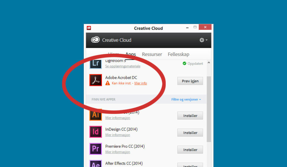 FEILMELDING: Her er feilmeldingen som dukket opp under forsøket på å installere nye Acrobat DC via Creative Cloud-appen på pc-en.