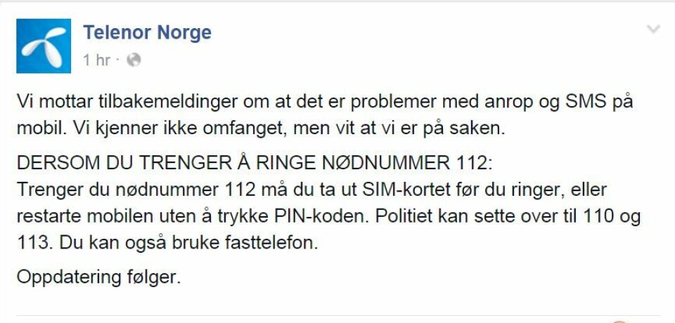 Telenor-nettet ute av drift