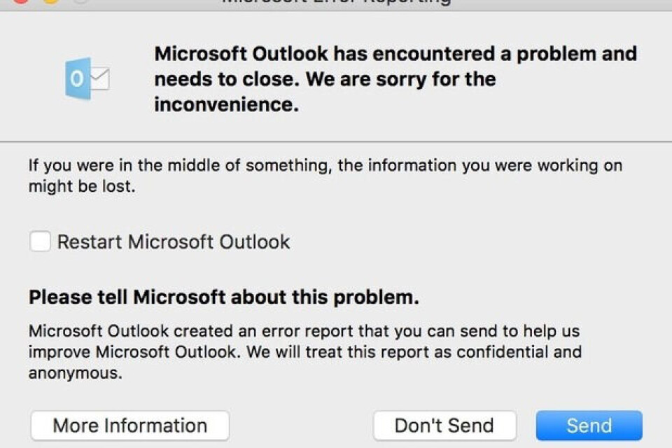FEILMELDING: Her en typisk feilmelding som varsler Office-krasj etter at Mac-en er oppgradert til El Capitan. (Ill.: Computerworld USA) FEILMELDING: Her en typisk feilmelding som varsler Office-krasj etter at Mac-en er oppgradert til El Capitan. (Ill.: Computerworld USA)