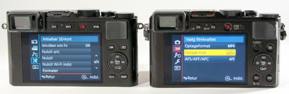 MENYENE: Her har vi valgt dansk menyspråk. Leica til venstre, Panasonic til høyre. MENYENE: Her har vi valgt dansk menyspråk. Leica til venstre, Panasonic til høyre.