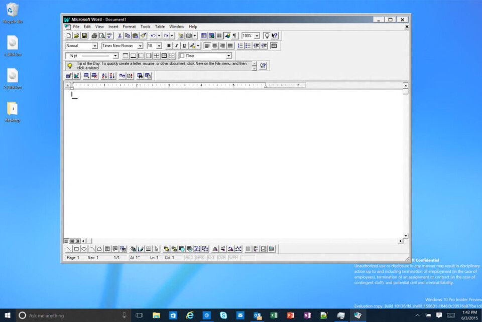 OFFICE-NOSTALGI: Microsoft har lagt ut denne skjermdumpen som viser at Build 10136-betaen av Windows 10 er i stand til å kjøre Word 95. (Ill.: Microsoft)