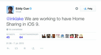 TWITTER: Her er Twitter-meldingen som bekrefter at Apple arbeider for å reintrodusere Hjemmedeling for musikk.