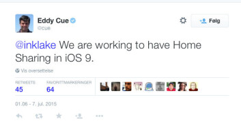 TWITTER: Her er Twitter-meldingen som bekrefter at Apple arbeider for å reintrodusere Hjemmedeling for musikk. TWITTER: Her er Twitter-meldingen som bekrefter at Apple arbeider for å reintrodusere Hjemmedeling for musikk.