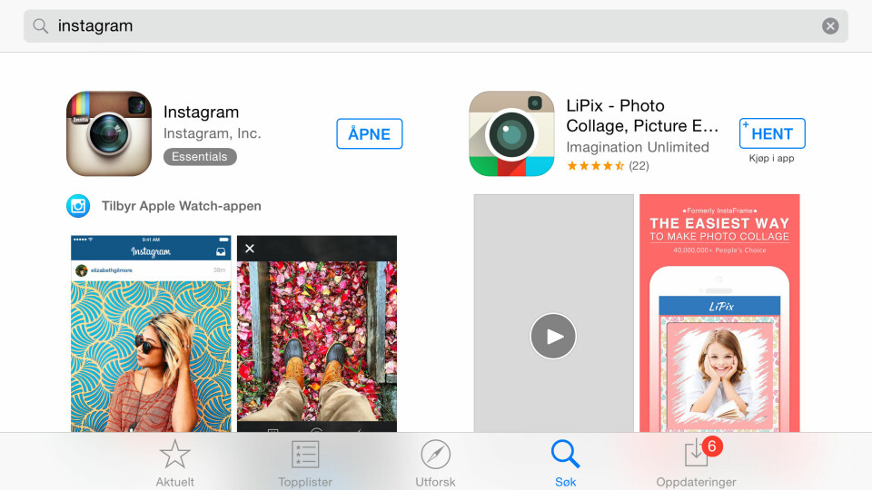 BILDEDELING: Instagram ruller nå ut ny versjon med mulighet for å lagre og etter hvert vise bilder i 1080-oppløsning. (Skjermdump fra App Store)
