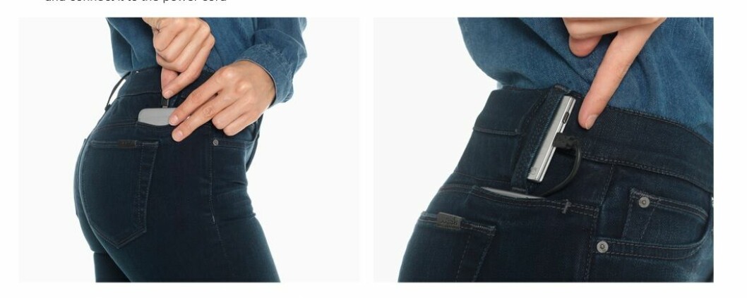 NY TREND?: Jeansmodellen #Hello lar deg lade mobilen med buksebaken mens du går. (Skjermdump: Joe's Jeans)