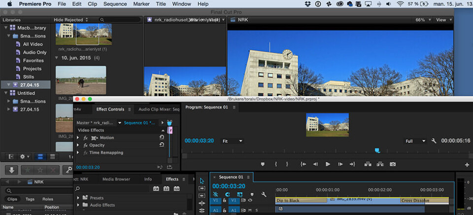 SEIERHERREN: Adobe Premiere Pro CC, i det nederste skjermvinduet, er blitt det ledende videoredigeringsprogrammet i NRK, men fortsatt redigeres det også noe video i Apples Final Cut Pro, som vises i det øverste skjermvinduet. (Skjermdump: Toralv Østvang) SEIERHERREN: Adobe Premiere Pro CC, i det nederste skjermvinduet, er blitt det ledende videoredigeringsprogrammet i NRK, men fortsatt redigeres det også noe video i Apples Final Cut Pro, som vises i det øverste skjermvinduet. (Skjermdump: Toralv Østvang)