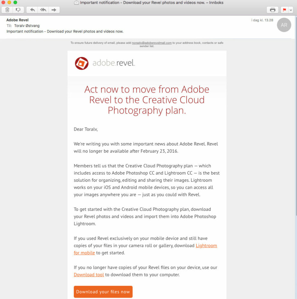 OPPSIGELSE: Nå får Adobe Revel-abonnentene, inkludert artikkelforfatteren, beskjed om at Revel er i ferd med å bli nedlagt.