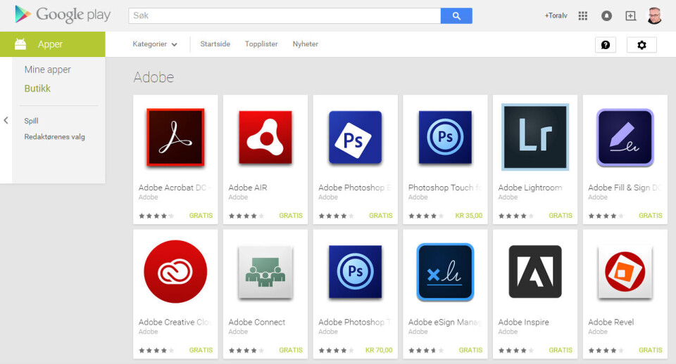 APPER: Det begynner å bli mange Adobe-apper i Google Play-butikken. APPER: Det begynner å bli mange Adobe-apper i Google Play-butikken.