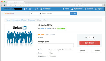 TIL SALGS: Databasen med Linkedin-brukere er til salgs for 5 Bitcoin, eller nesten 19.000 kroner. TIL SALGS: Databasen med Linkedin-brukere er til salgs for 5 Bitcoin, eller nesten 19.000 kroner.