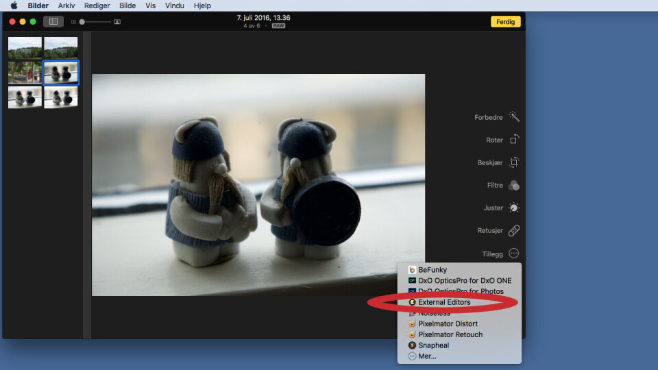 TILLEGG: External Editors dukker opp i listen over tillegg når man sette Bilder-programmet i redigeringsmodus. TILLEGG: External Editors dukker opp i listen over tillegg når man sette Bilder-programmet i redigeringsmodus.
