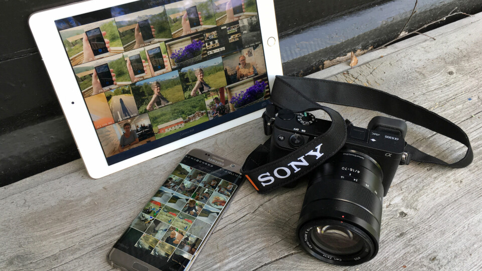 PÅ KRYSS OG TVERS: Adobe Lightroom Mobile fungerer på tvers av plattformene. Her er Sony a6300 brukt til å ta bilder i Raw-format som bearbeides både på iPad og Android, i dette tilfellet en Samsung Galaxy S7 Edge. (Foto: Macworld-redaksjonen)