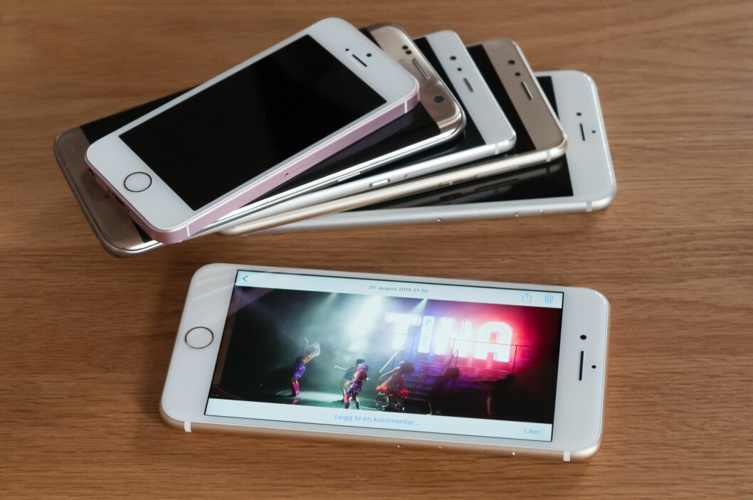 KONKURRENTER: iPhone 7 Plus (i forgrunnen) testet mot både forgjengere og noen av konkurrentene. (FOTO: Toralv Østvang)