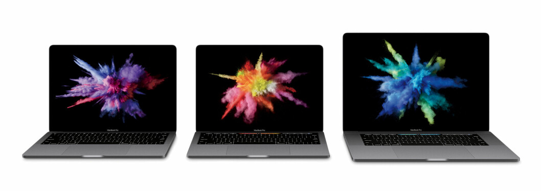 TRE MODELLER: Macbook Pro kommer i tre versjoner, en «billigversjon» uten Touch Bar, og to med. Skjermstørrelsen er 13 eller 15 tommer. (Foto: Apple)