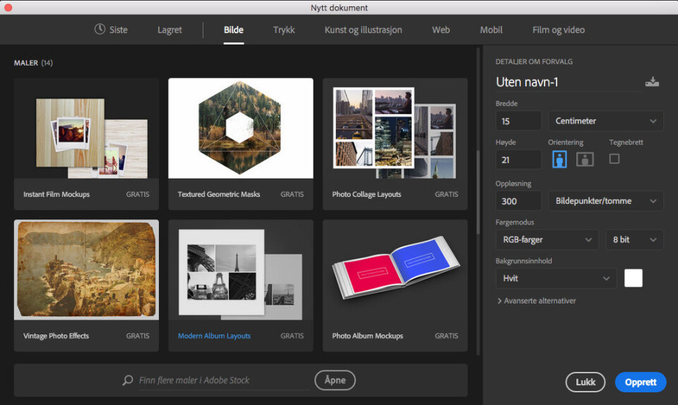 MANGE MALER: Adobe har lagt inn nærmere 100 maler som man kan ta utgangspunkt i når man begynner bildebehandlingen i Photoshop 2017. (Skjermdump: Toralv Østvang) MANGE MALER: Adobe har lagt inn nærmere 100 maler som man kan ta utgangspunkt i når man begynner bildebehandlingen i Photoshop 2017. (Skjermdump: Toralv Østvang)