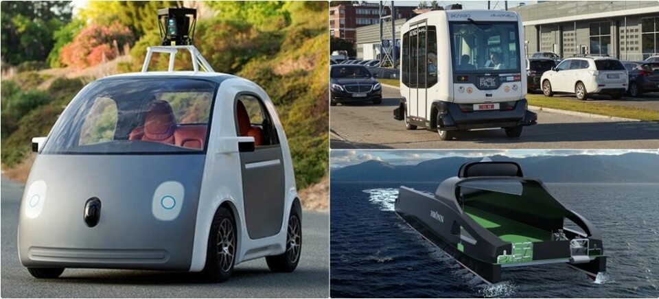 SNART ET VANLIG SYN: Selvkjørende kjøretøy og intelligent transport er snart en praktisk realitet. Foto: Google/Flytoget/Kongsberg Maritime
