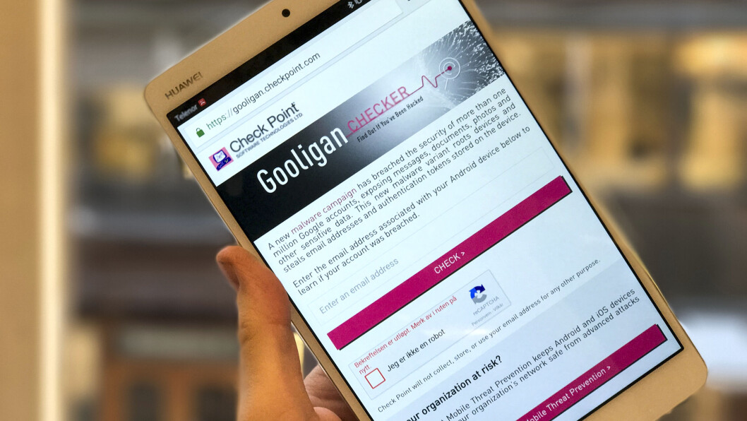 GOOLIGAN-SJEKKEN: Check Point har lagt ut link til en nettjeneste som sjekker om Android-enheter er infisert av Gooligan. (Foto: Toralv Østvang) GOOLIGAN-SJEKKEN: Check Point har lagt ut link til en nettjeneste som sjekker om Android-enheter er infisert av Gooligan. (Foto: Toralv Østvang)