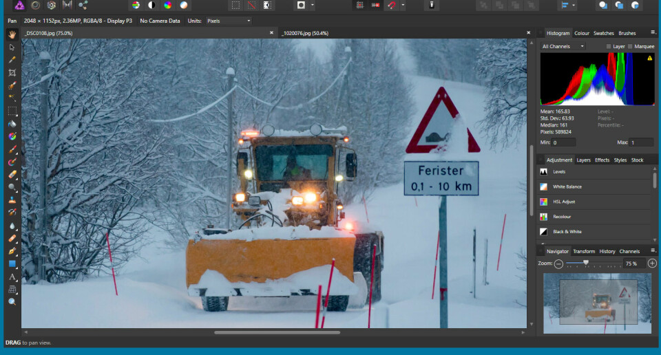 UTFORDRER: Affinity Photo, her i nyeste versjon, 1.5.0.45 for Windows, er en av flere sterke Photoshop-utfordrere på markedet. (Foto: Toralv Østvang)