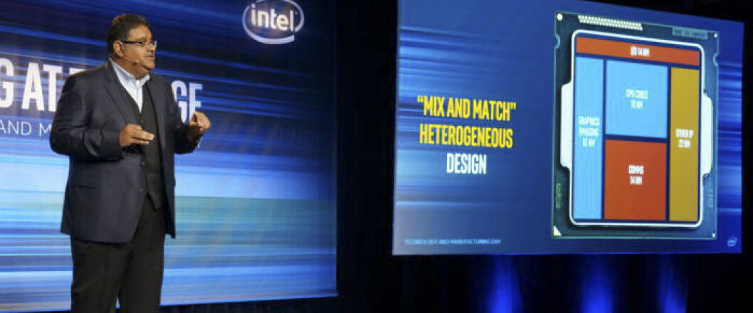 MIX AND MATCH: Venkata (Murthy) Renduchintala, nestsjef hos Intel, presenterer den kommende prosessorteknologien. Stikkord er «mix and match». (Foto: Gordon Mah Ung/PC World USA) MIX AND MATCH: Venkata (Murthy) Renduchintala, nestsjef hos Intel, presenterer den kommende prosessorteknologien. Stikkord er «mix and match». (Foto: Gordon Mah Ung/PC World USA)
