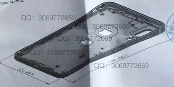 CAD-isometri av bak-skallet som viser logo, linsepar og midtstilt hjem-knapp med TouchID.