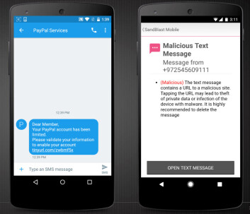 Til venstre fellen, nettfiske via en SMS-melding, det nyeste våpenet som kriminelle hackere brukere i jakten på passord og kredittkortinformasjon. Til høyre den umiddelbare advarselen fra Sandblast Mobile. (Ill.: Check Point) Til venstre fellen, nettfiske via en SMS-melding, det nyeste våpenet som kriminelle hackere brukere i jakten på passord og kredittkortinformasjon. Til høyre den umiddelbare advarselen fra Sandblast Mobile. (Ill.: Check Point)