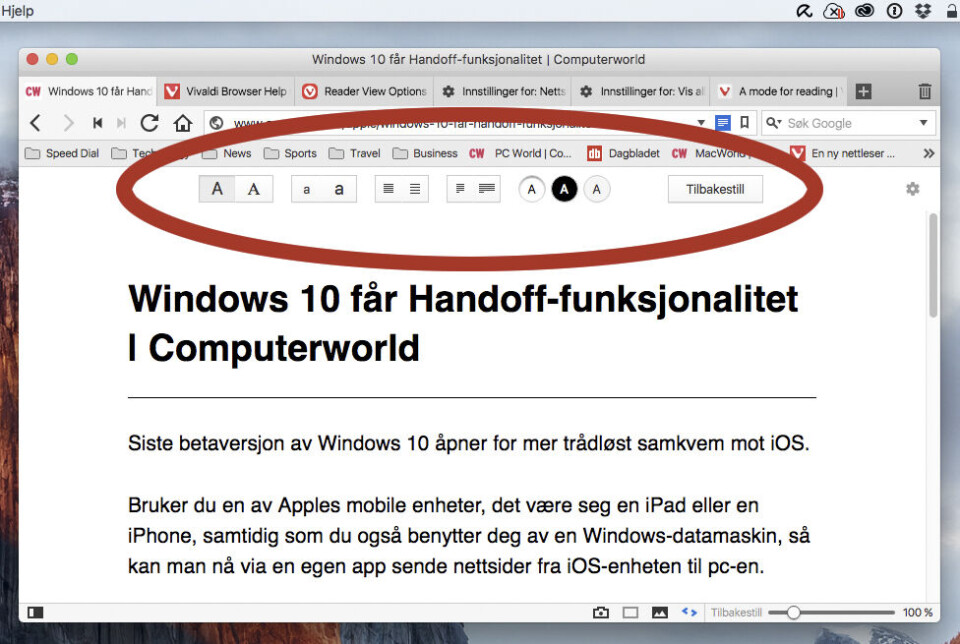 TILPASNING: I lesemodus har Vivaldi-brukerne direkte tilgang til formatering av teksten. (Skjermdump: Toralv Østvang) TILPASNING: I lesemodus har Vivaldi-brukerne direkte tilgang til formatering av teksten. (Skjermdump: Toralv Østvang)