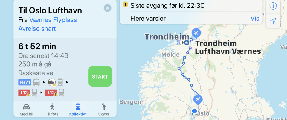 TA TOGET: Transit-funksjonen i Apples Kart-app foreslår at man tar toget fra Gardermoen til Værnes Lufthavn. (Skjermdump: Macworld)