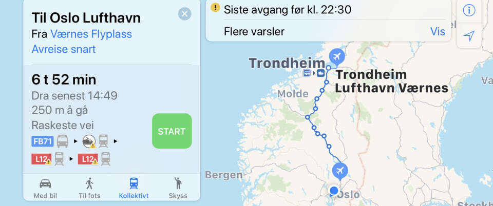 TA TOGET: Transit-funksjonen i Apples Kart-app foreslår at man tar toget fra Gardermoen til Værnes Lufthavn. (Skjermdump: Macworld) TA TOGET: Transit-funksjonen i Apples Kart-app foreslår at man tar toget fra Gardermoen til Værnes Lufthavn. (Skjermdump: Macworld)