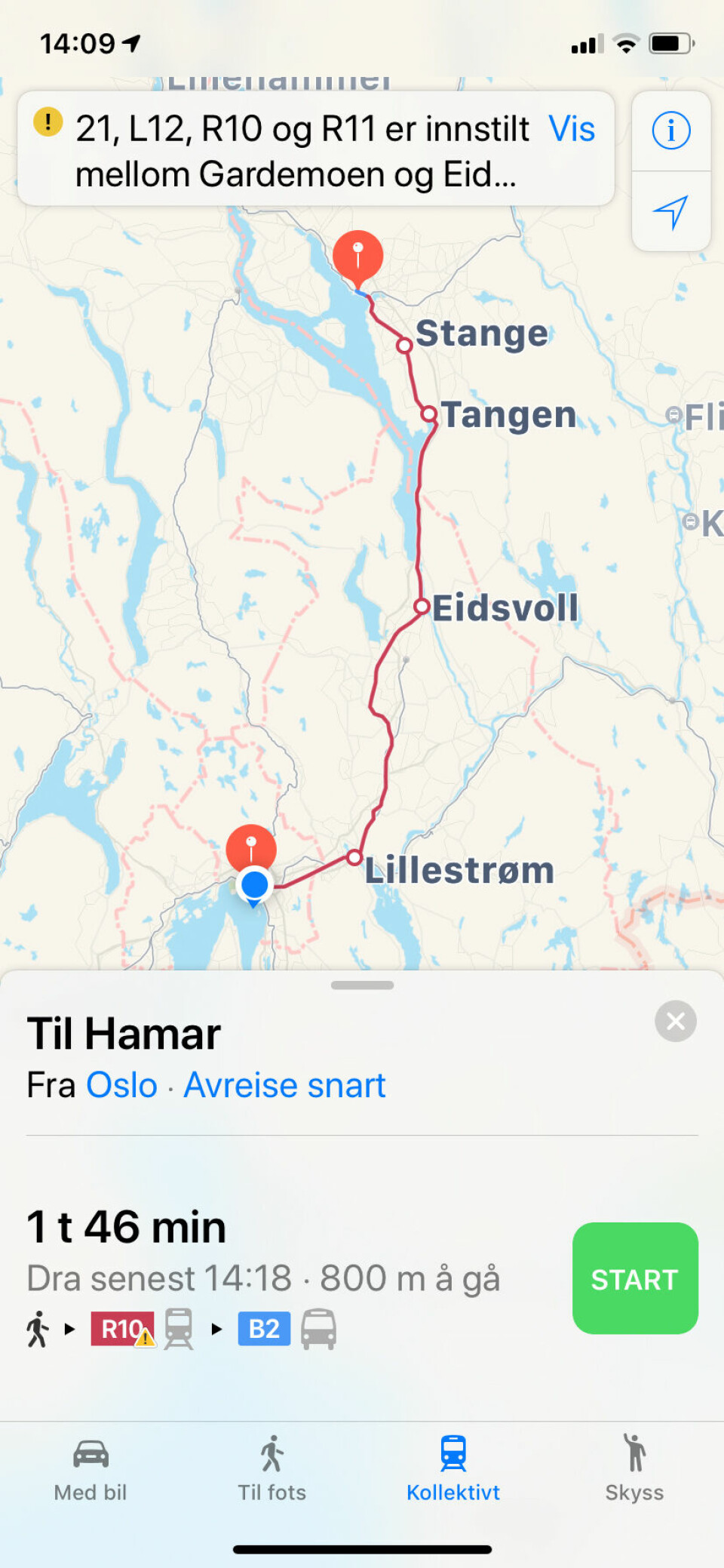 OSLO-HAMAR: Her er et mer aktuelt tog-forslag, fra Oslo til Hamar. (Skjermdump: Macworld)