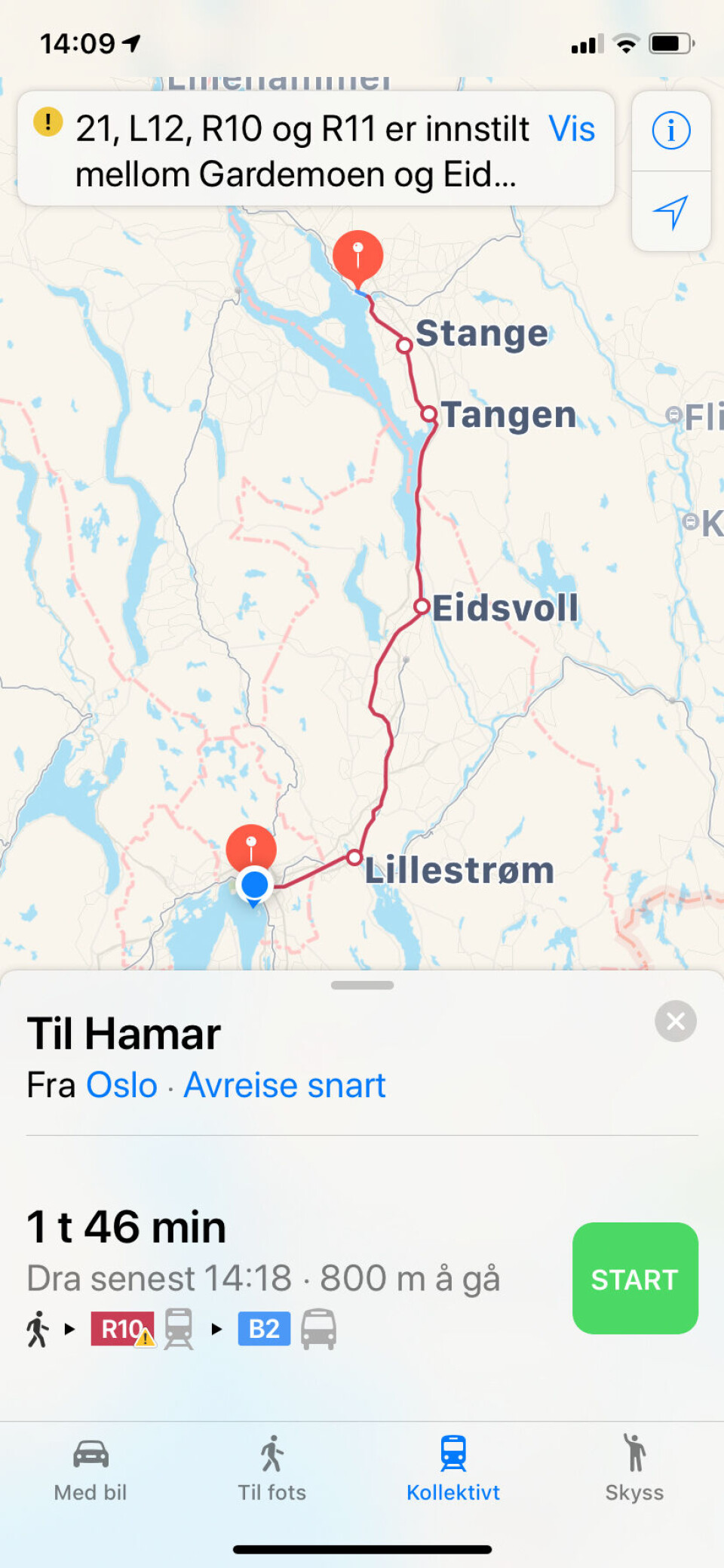 OSLO-HAMAR: Her er et mer aktuelt tog-forslag, fra Oslo til Hamar. (Skjermdump: Macworld) OSLO-HAMAR: Her er et mer aktuelt tog-forslag, fra Oslo til Hamar. (Skjermdump: Macworld)