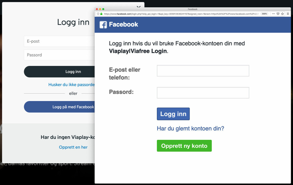 TREDJEPART: Innlogging med Facebooks Oauth-tjeneste er trygg nok, men nå har noen funnet ut at de kan forfalske den, og da blir det phishing av det. (Ill: skjermdump)