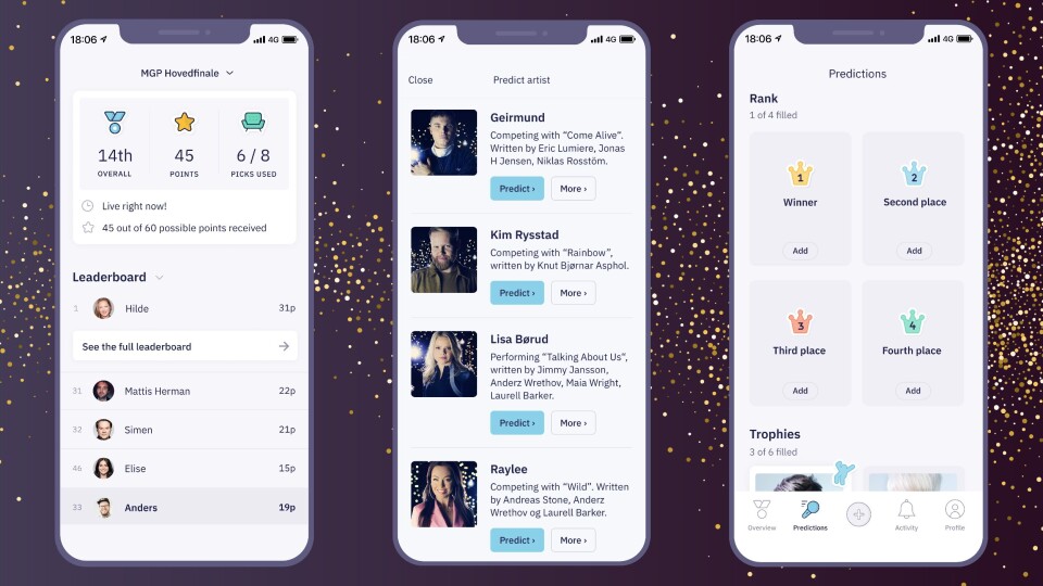 FANTASY SPORT-INSPIRERT: Fantasy Music Manager går ut på å spå hva som skjer i direktesendingene under MGP, men med mulighet for å endre mening underveis. Spilleren med best teft vil stå igjen som vinner. (Illustrasjon: S1) FANTASY SPORT-INSPIRERT: Fantasy Music Manager går ut på å spå hva som skjer i direktesendingene under MGP, men med mulighet for å endre mening underveis. Spilleren med best teft vil stå igjen som vinner. (Illustrasjon: S1)